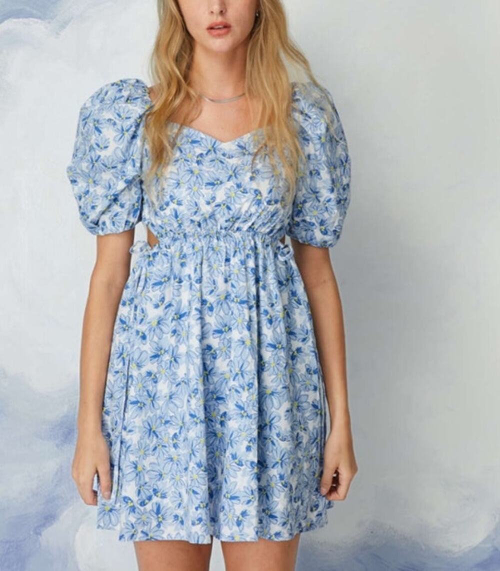 Cider Puff Sleeve Mini Dress Womens XL Blue Daisy Cutout Babydoll Summer